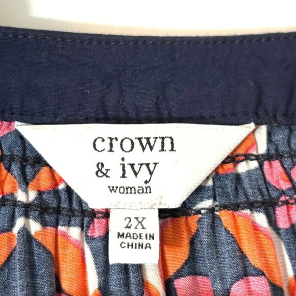 Crown & Ivy 2X partridge print navy orange pink white V-neck elbow sleeve - Picture 9 of 11